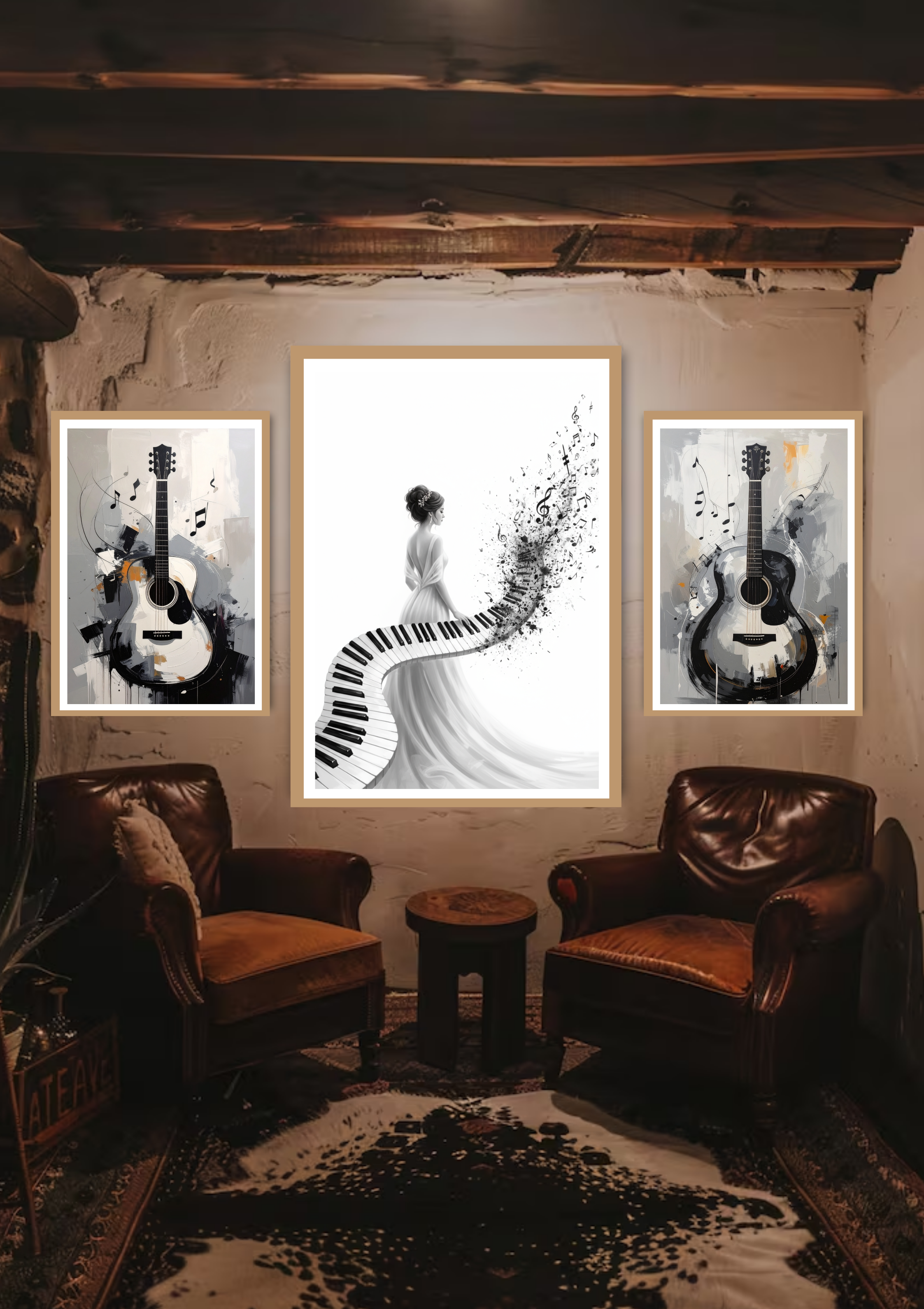 Black and white guitar wall art canvas set for living room decor