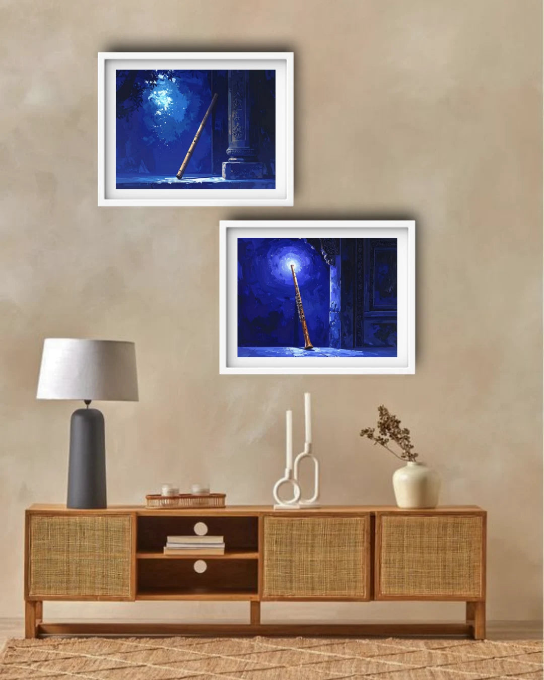 Blue abstract canvas painting modern wall art set of 2 for home and office