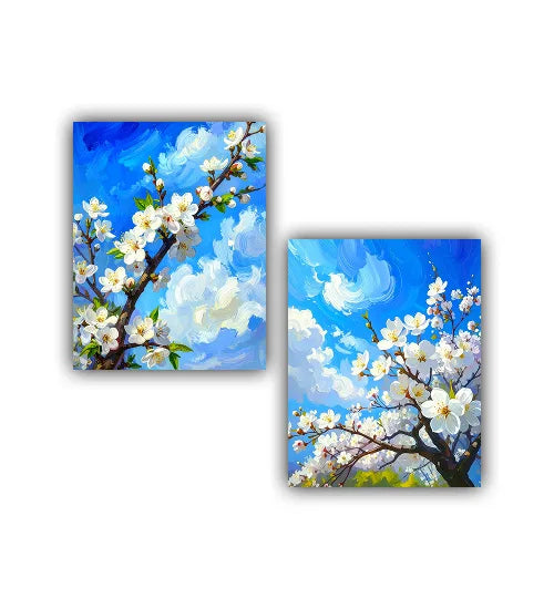 Close-up view of blue blossom floral wall art canvas set paintings