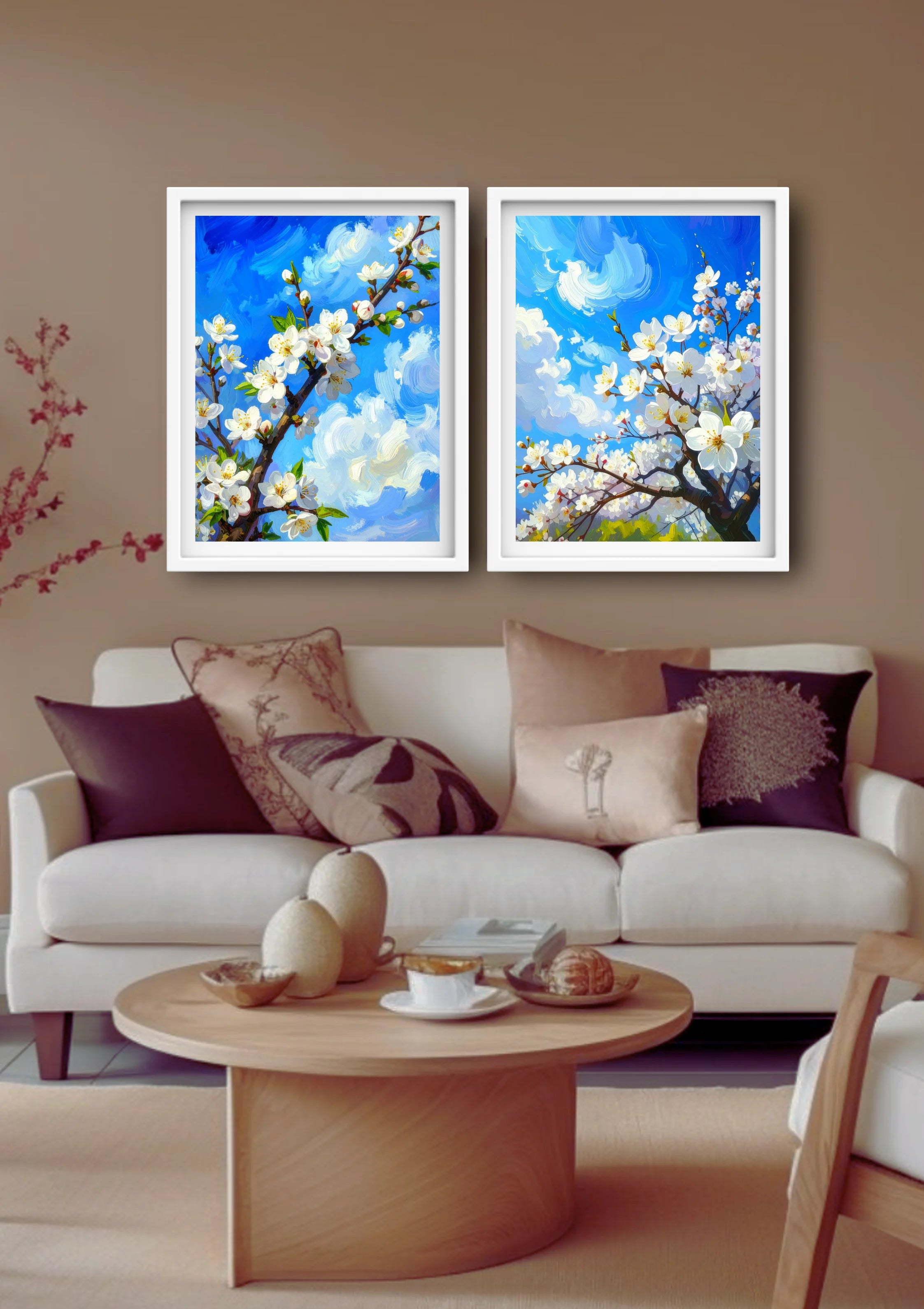 Cozy living room decorated with blue blossom floral wall art canvas set above sofa