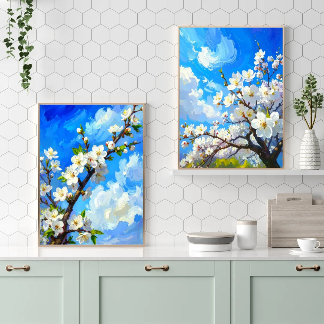 Blue blossom floral wall art canvas set displayed on a kitchen or dining area wall