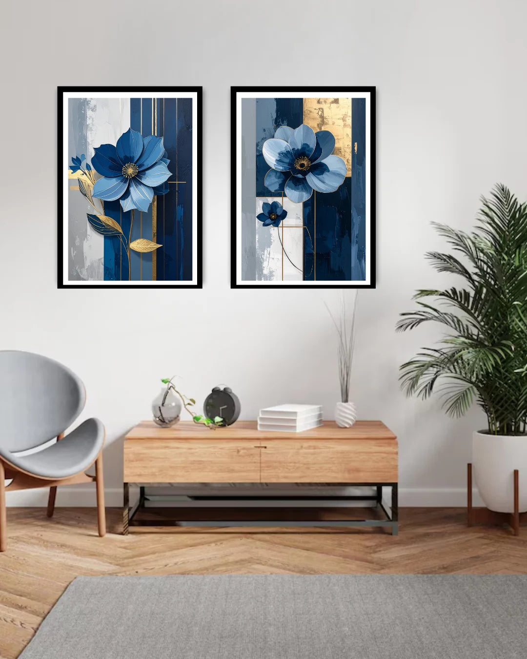 blue floral wall art canvas set displayed in modern living room interior