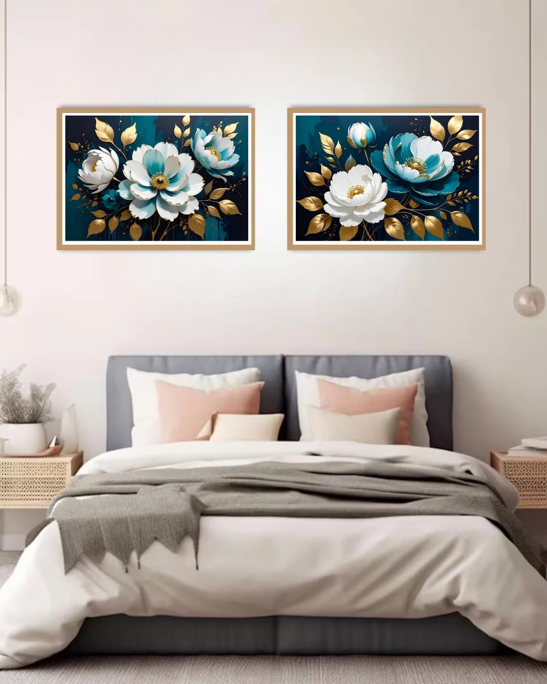 blue and white floral painting with gold accents above bed