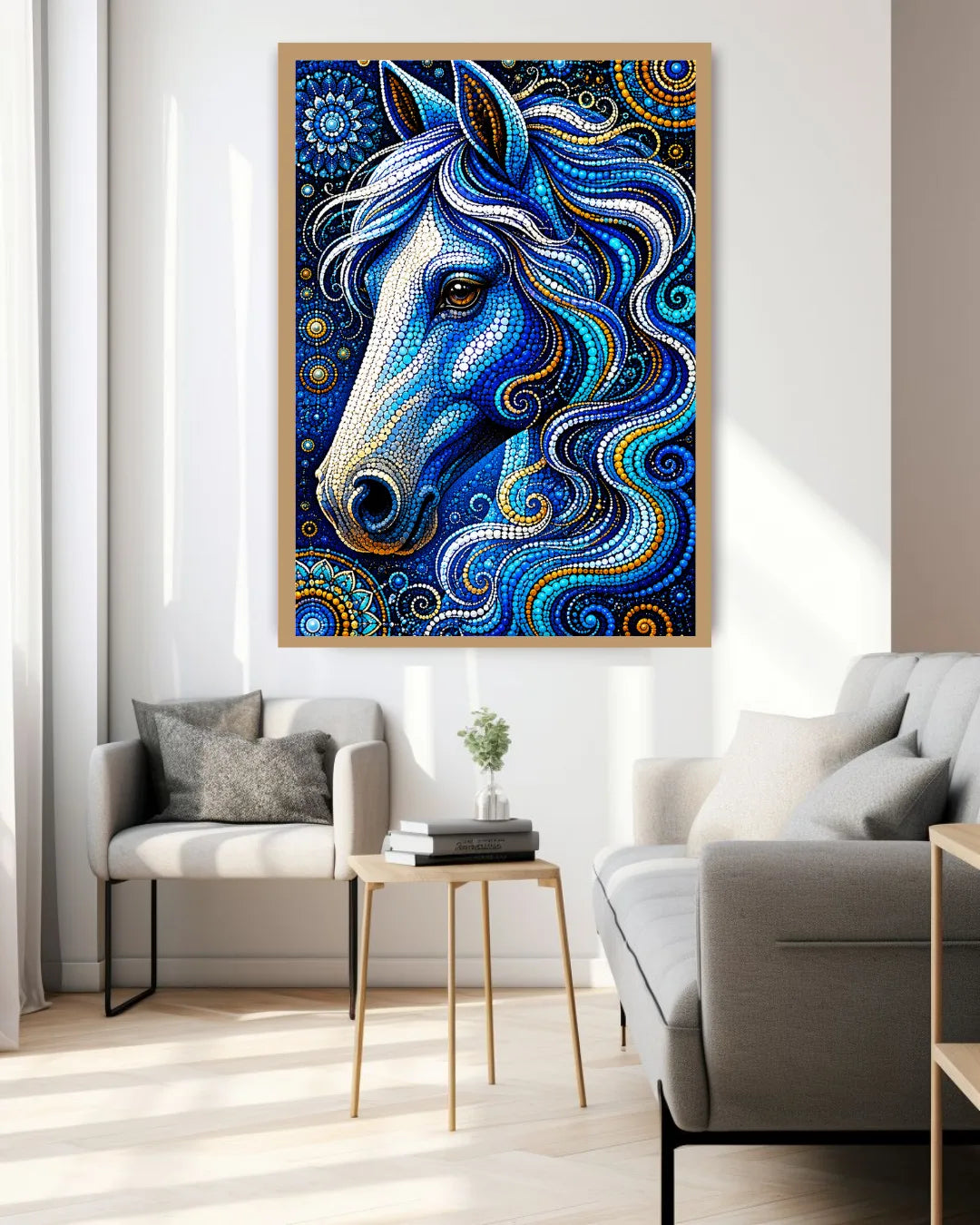blue horse wall art canvas in modern living room decor