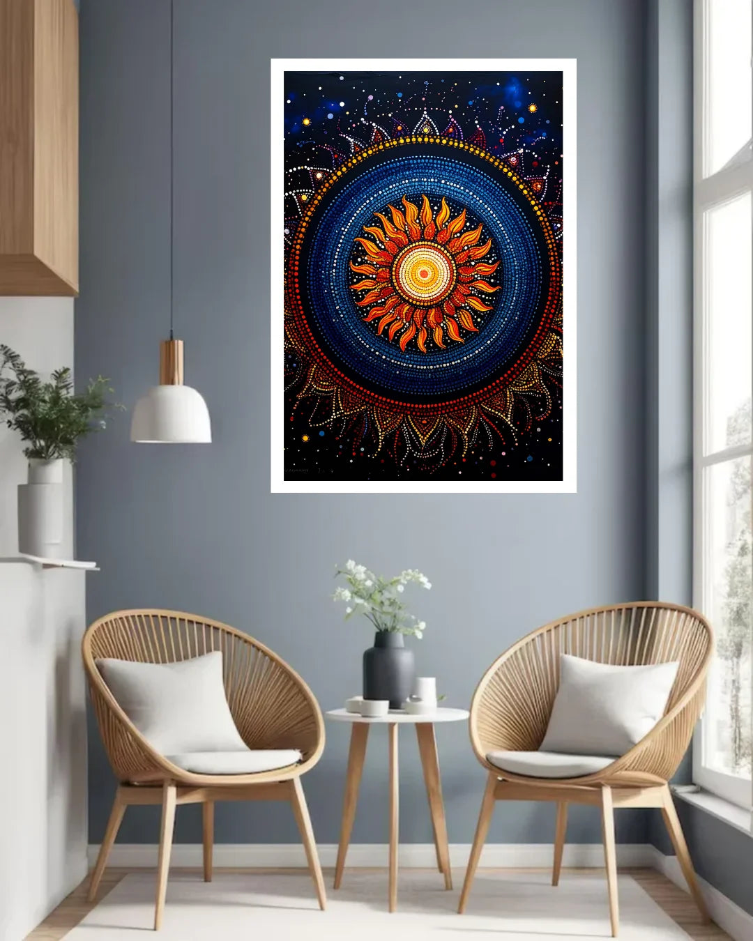 A framed vertical art print featuring a vibrant bohemian mandala sun design, displayed on a gray wall in a modern living room setting with two woven chairs and a small side table.