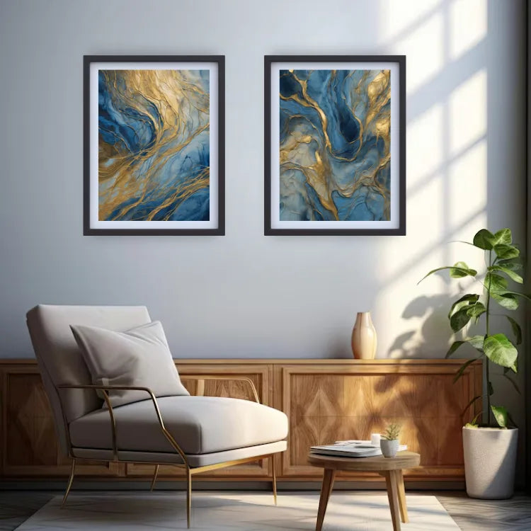 Blue Gold Fluid - Set Of 2 - Wall Art Canvas