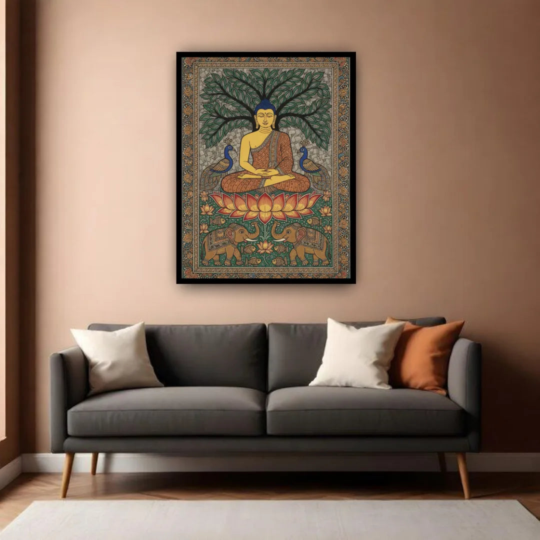 Buddha canvas painting displayed above sofa in living room, spiritual wall decor for modern home