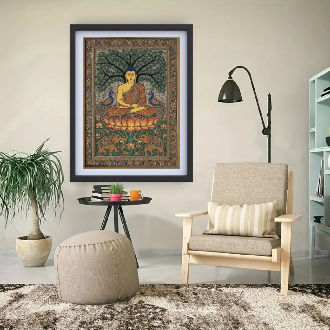 Buddha canvas wall decor in modern living room interior, spiritual wall art for home