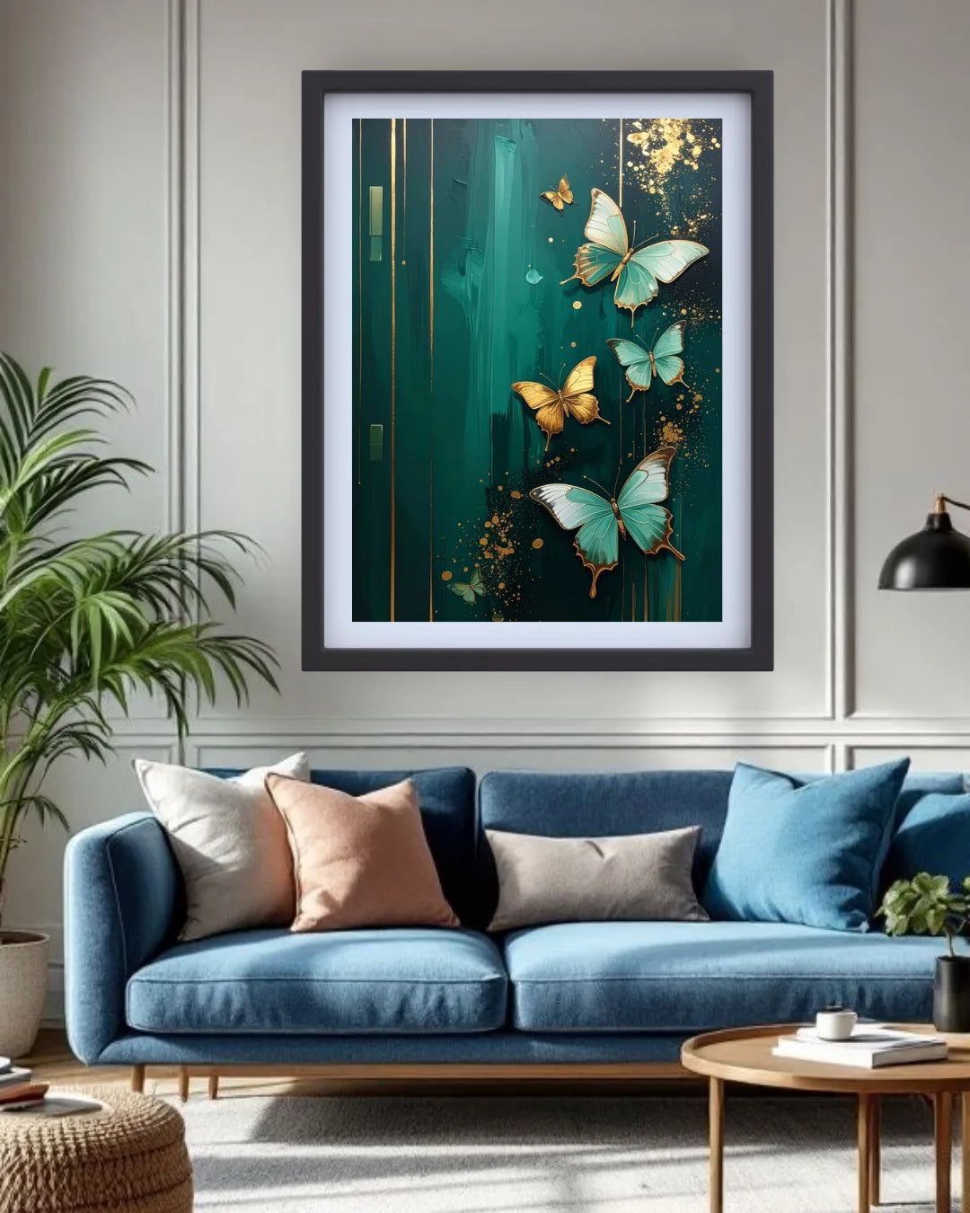 Framed artwork of butterflies on a teal background above a blue sofa in a living room.