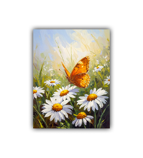 Close-up view of butterfly daisy floral wall art canvas painting