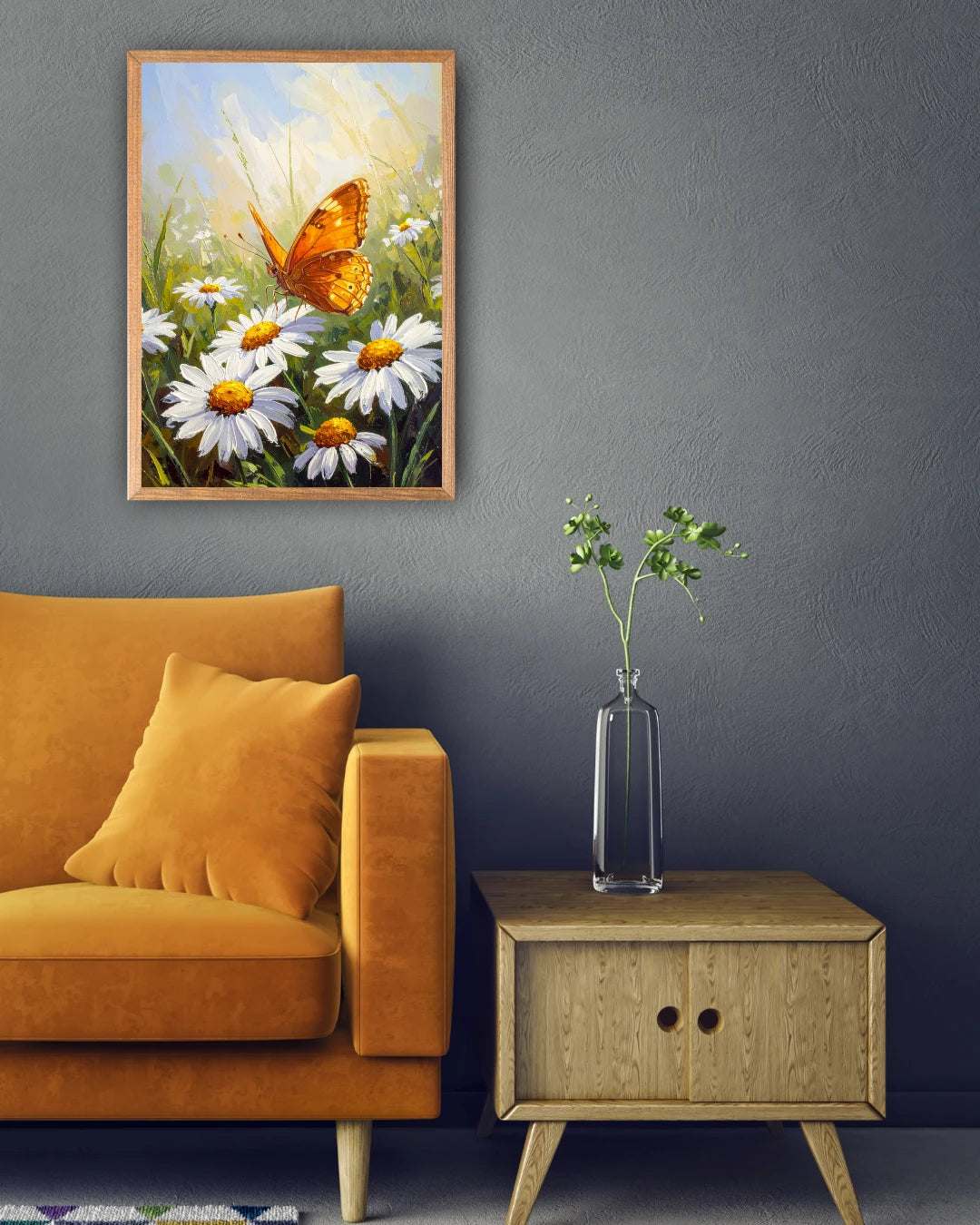 Butterfly daisy floral wall art canvas on a dark wall in a stylish living room interior