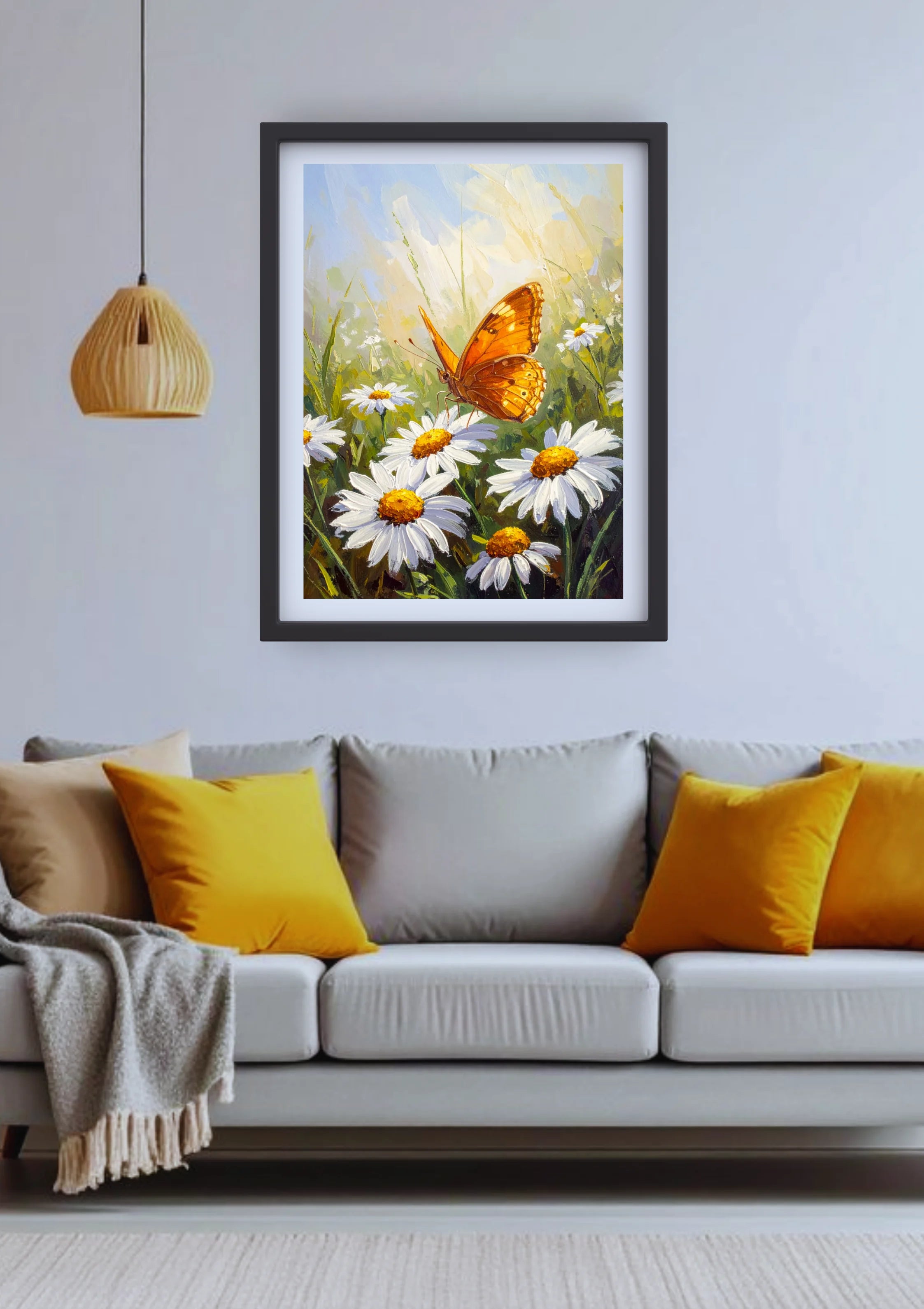 Modern living room decorated with butterfly daisy floral wall art canvas above grey sofa