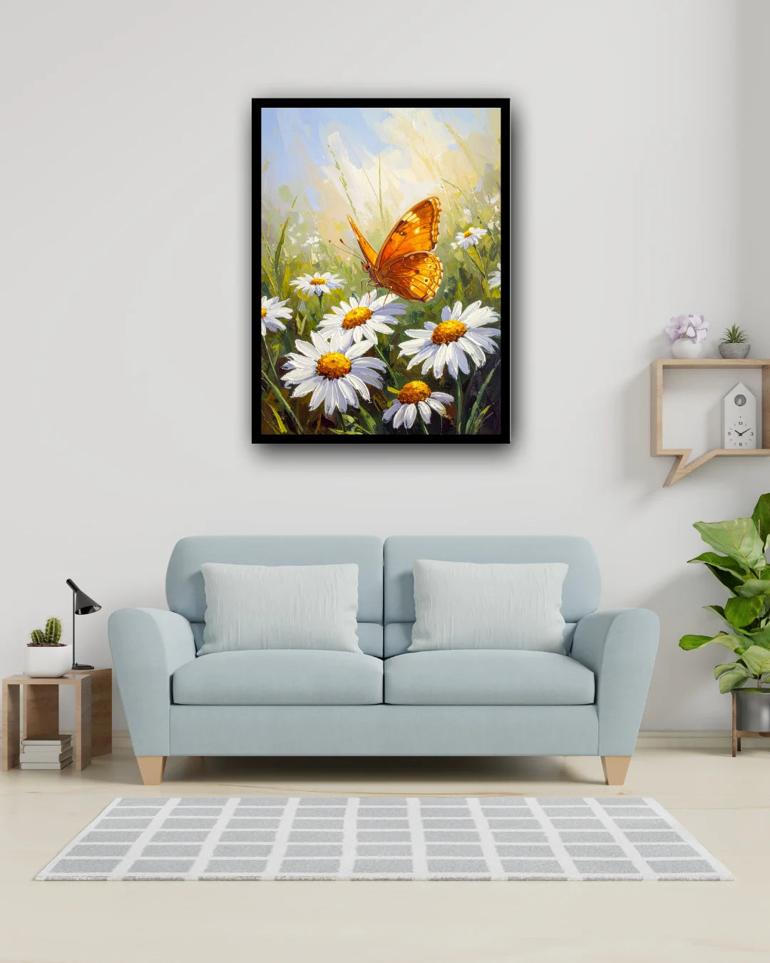 Butterfly daisy floral wall art canvas on a dark wall in a stylish living room interior