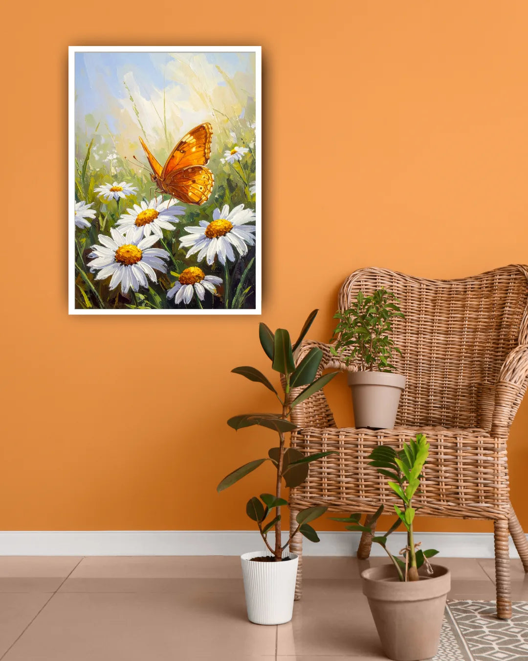 Framed artwork of a butterfly on flowers above a wicker chair with potted plants.