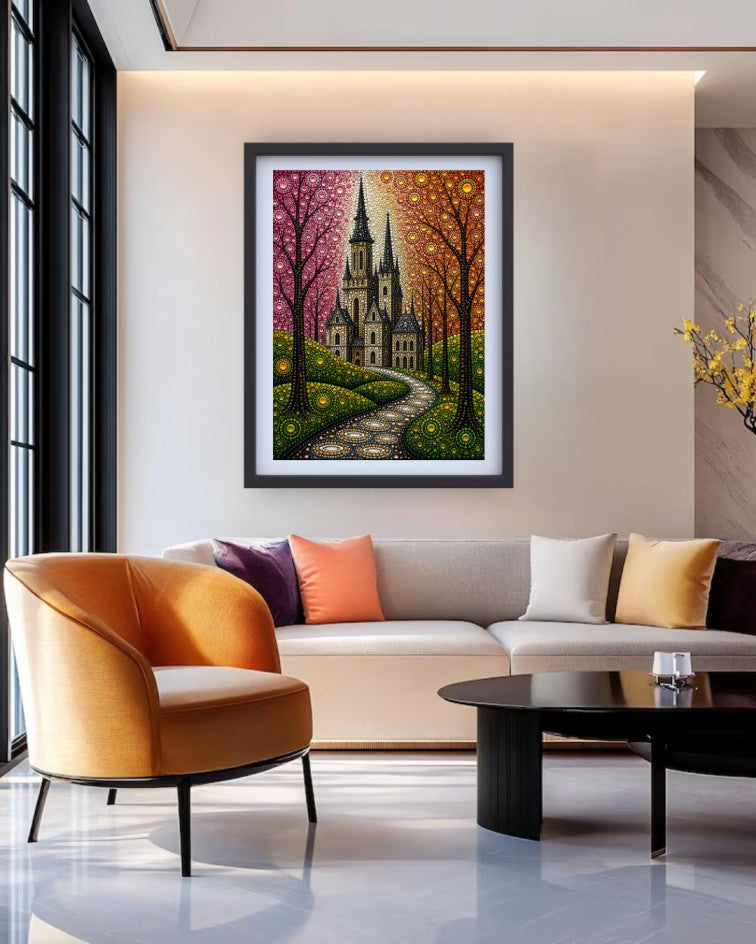 A framed vertical art print depicting a church spire surrounded by colorful autumn trees, displayed on a beige wall above a modern sofa in a styled living room.
