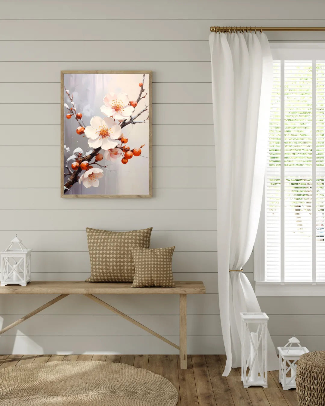 Cherry blossom floral wall art canvas displayed in a bright living room interior