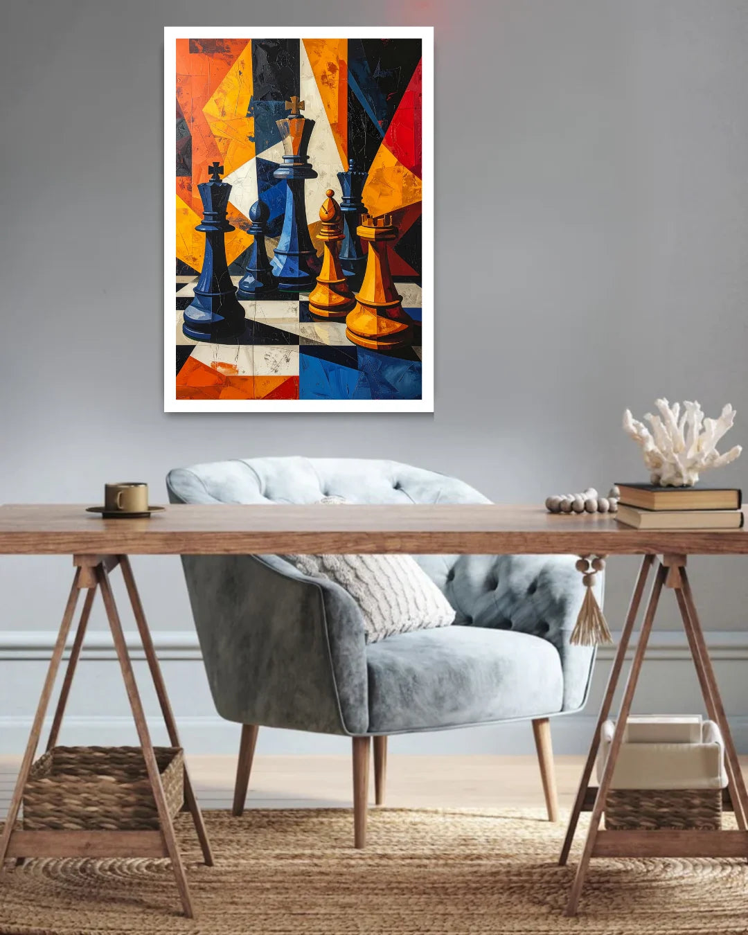 Abstract Chess Wall Art Canvas Painting in Modern Study Room Interior