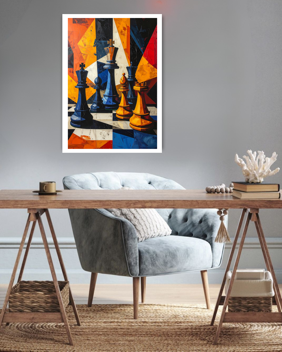 Colorful abstract painting of chess pieces on a wall above a wooden desk with a chair.