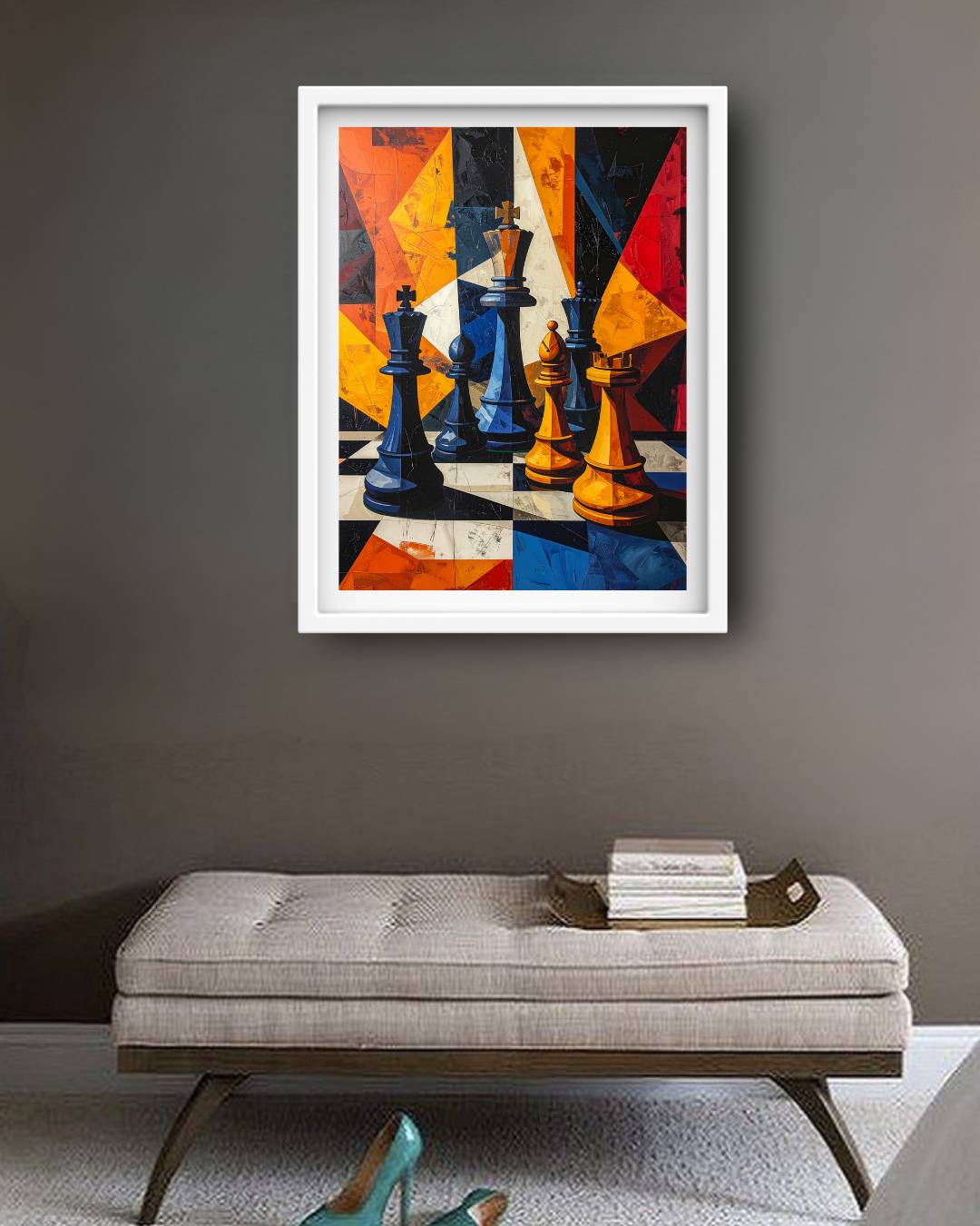 Framed abstract art of chess pieces on a wall above a bench.