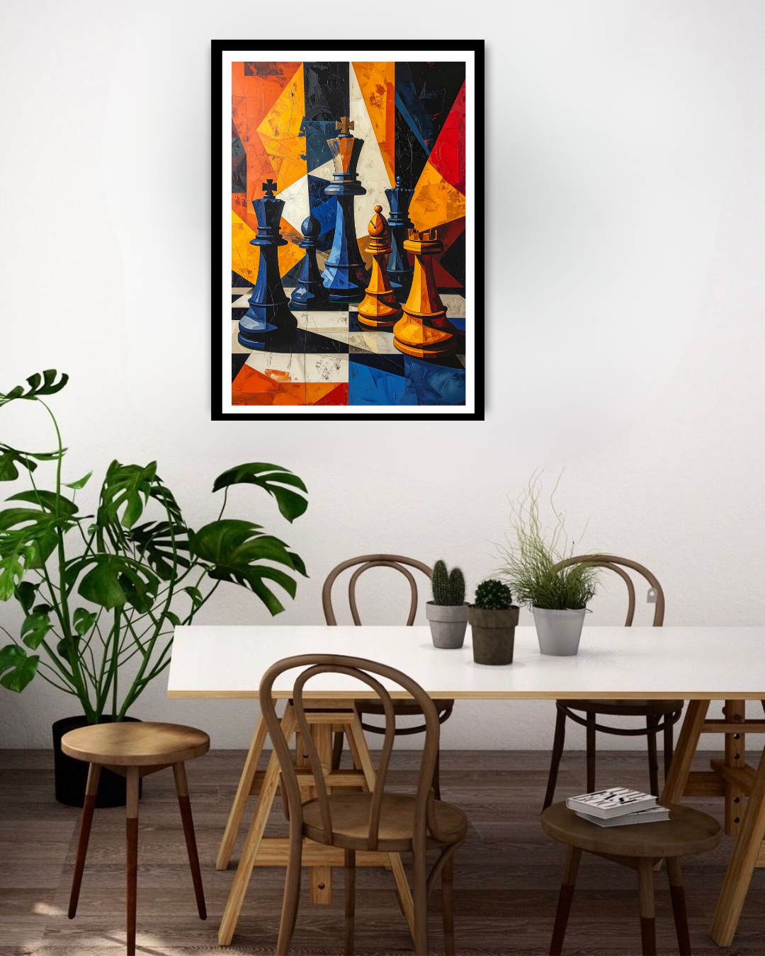 Dining room with a colorful abstract painting of chess pieces on the wall.