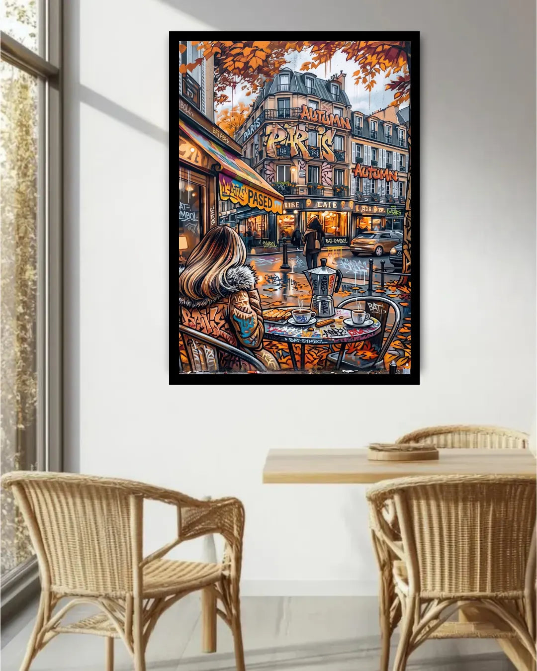 Framed artwork of a city street scene with people sitting at a table, placed above a dining area with chairs and a table.