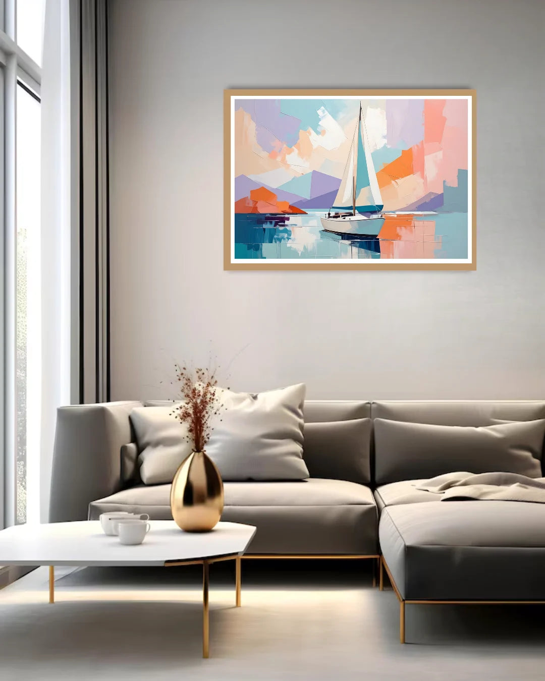 minimal sailboat painting displayed above sofa in cozy home decor