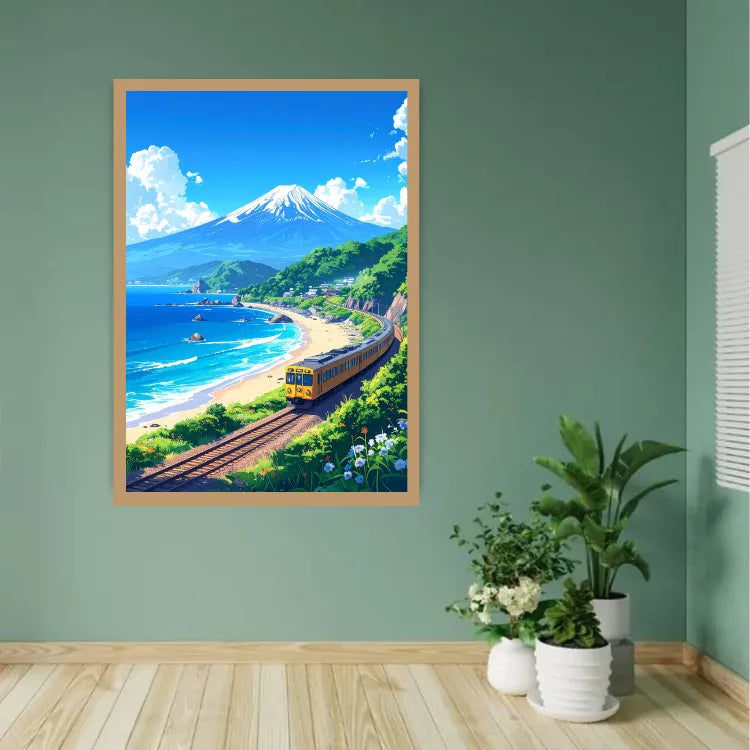 A framed vertical art print depicting a scenic coastal landscape with a train, beach, ocean, and a snow-capped mountain, displayed on a sage green wall above a light wood floor with potted plants nearby.