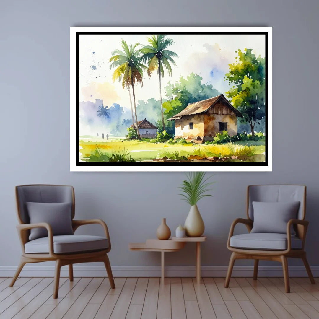 Framed tropical landscape painting on a wall above two chairs.