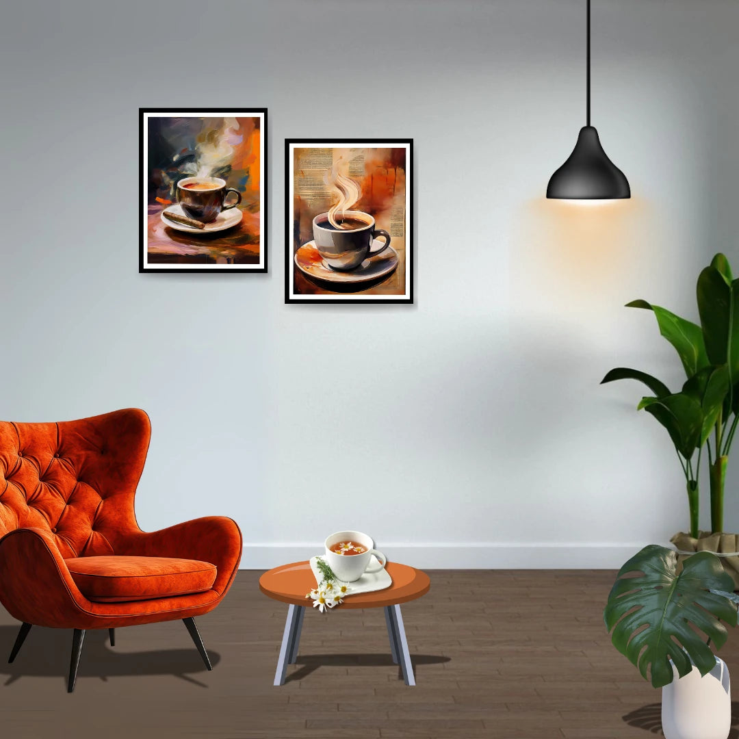 Coffee cup wall art canvas set of two for cafe and modern living space