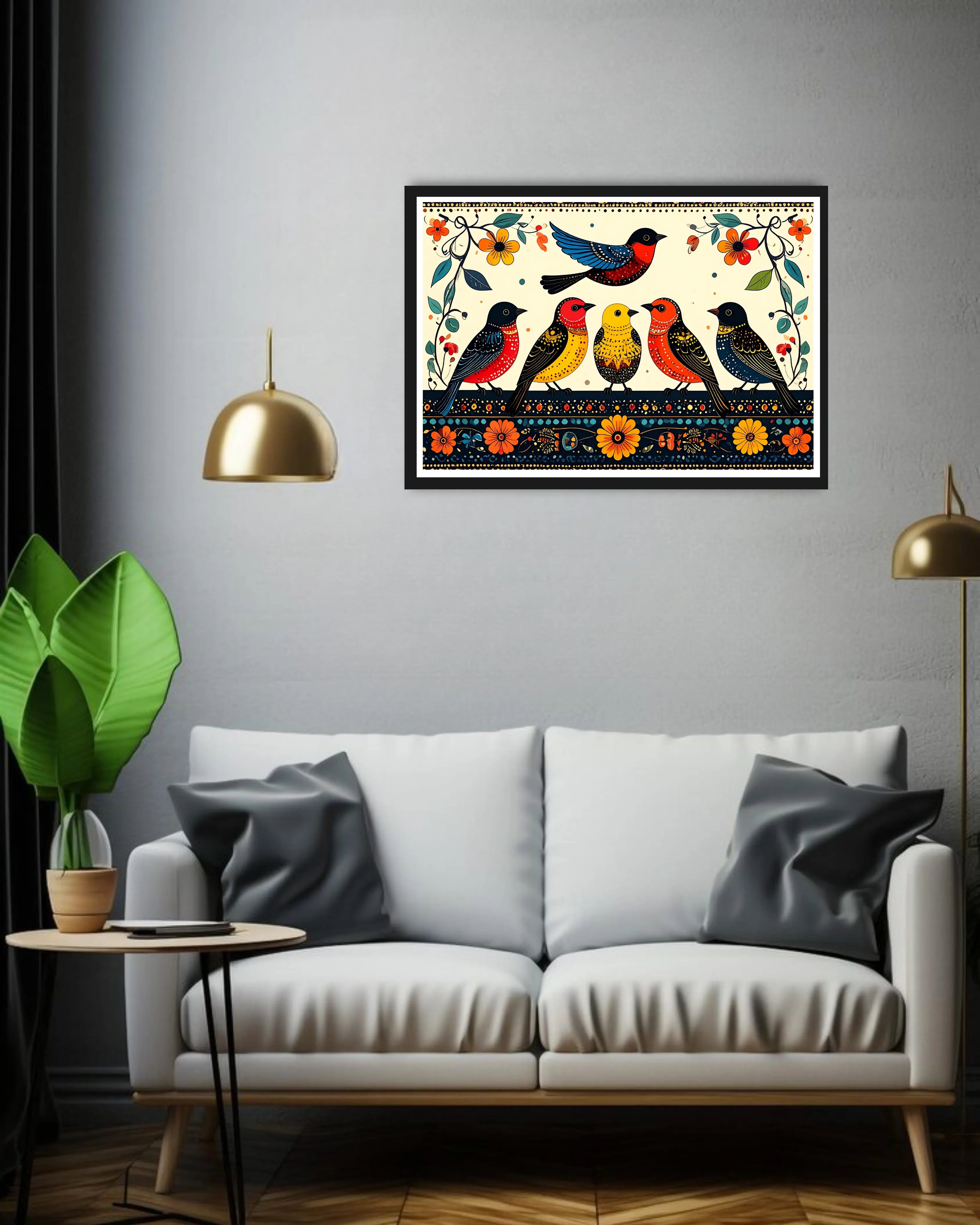 vibrant folk bird artwork displayed in modern home decor setup