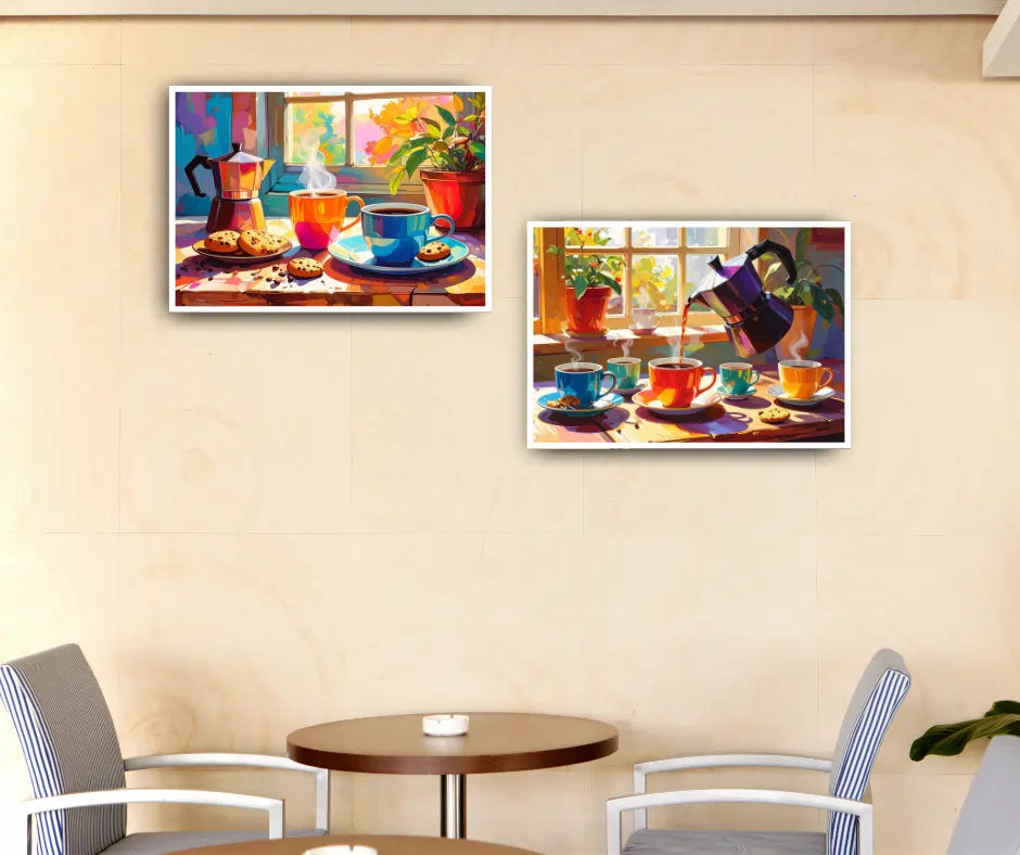 Colorful cafe wall art canvas set of two with coffee still life design
