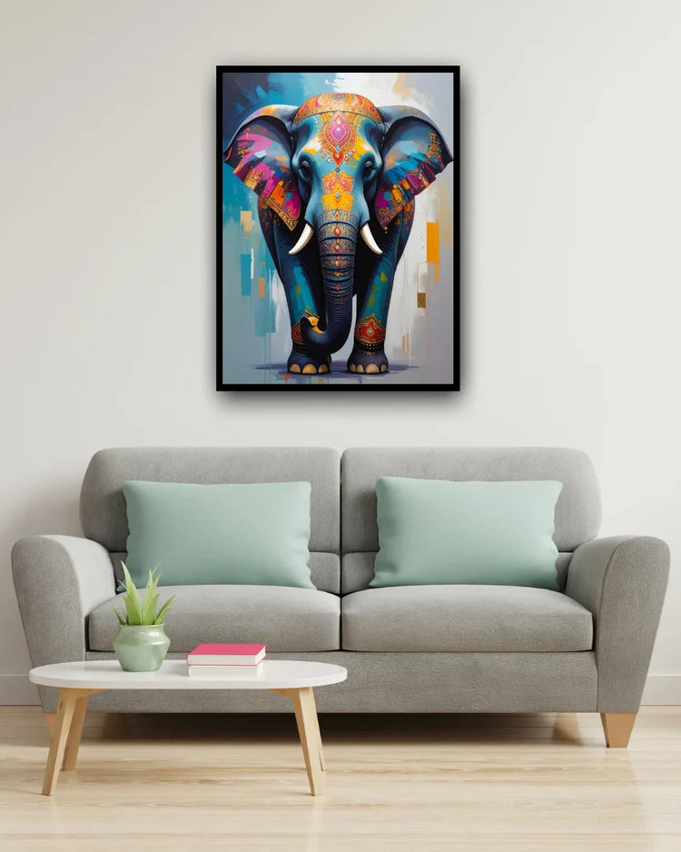 Colorful elephant wall art canvas painting with abstract modern design for living room