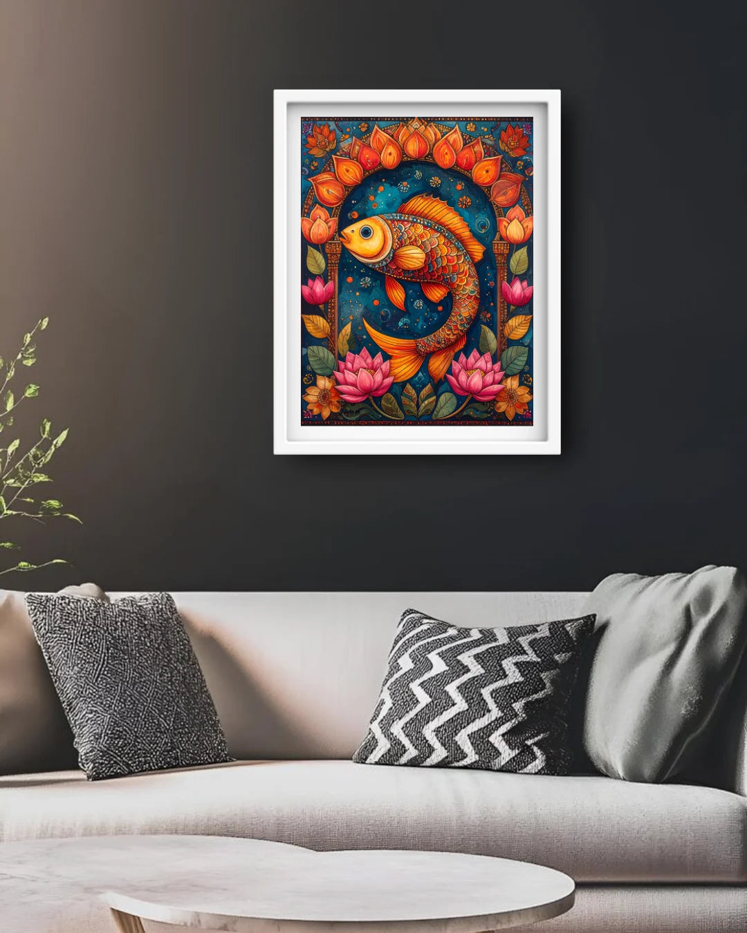 abstract fish canvas painting on dark wall in minimal living space
