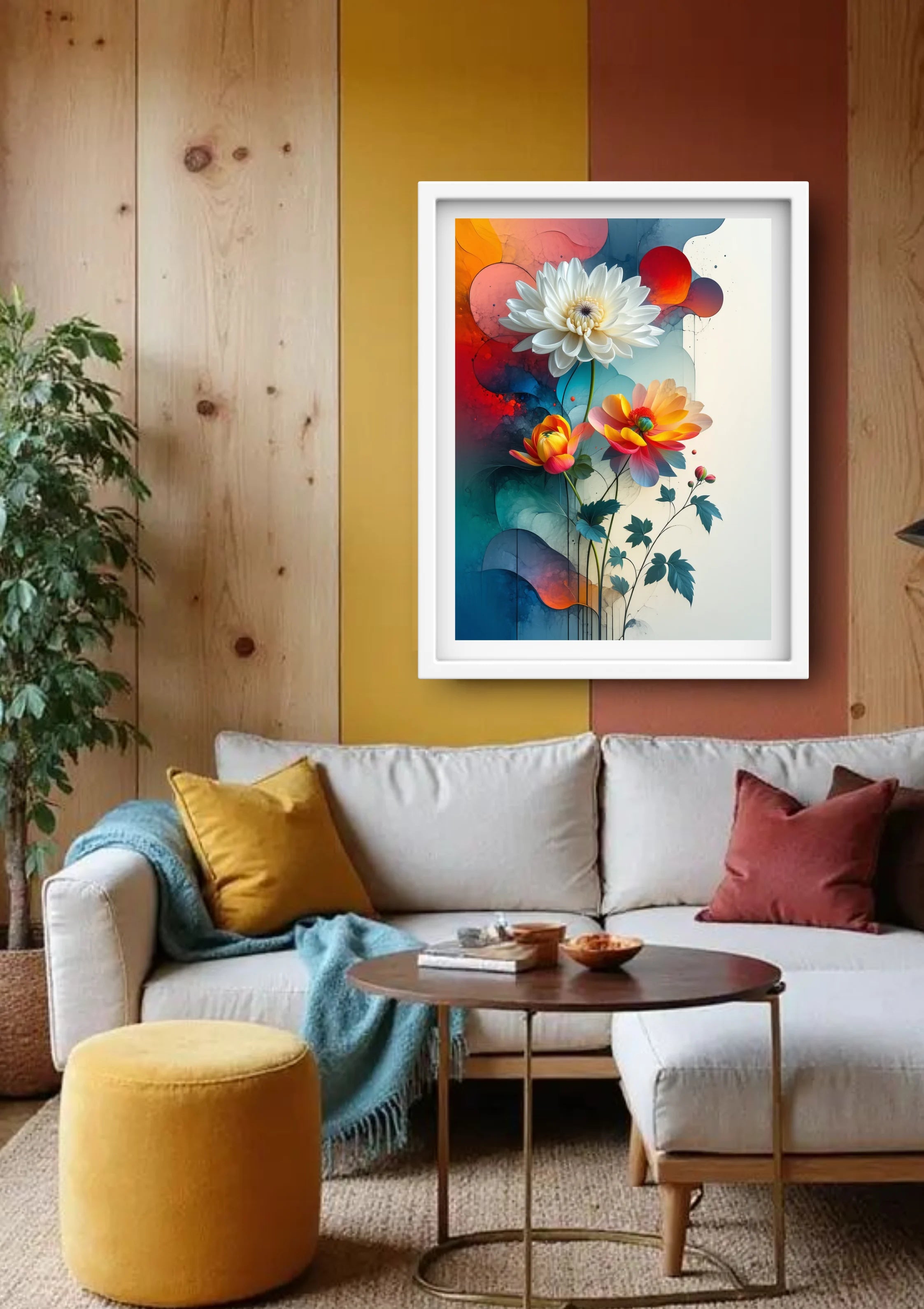 Colorful floral canvas wall art in modern interior design