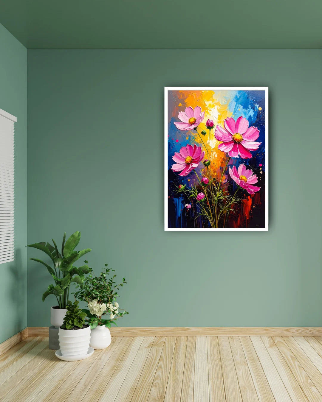 Colorful floral wall art framed on a green wall in a minimalist home interior