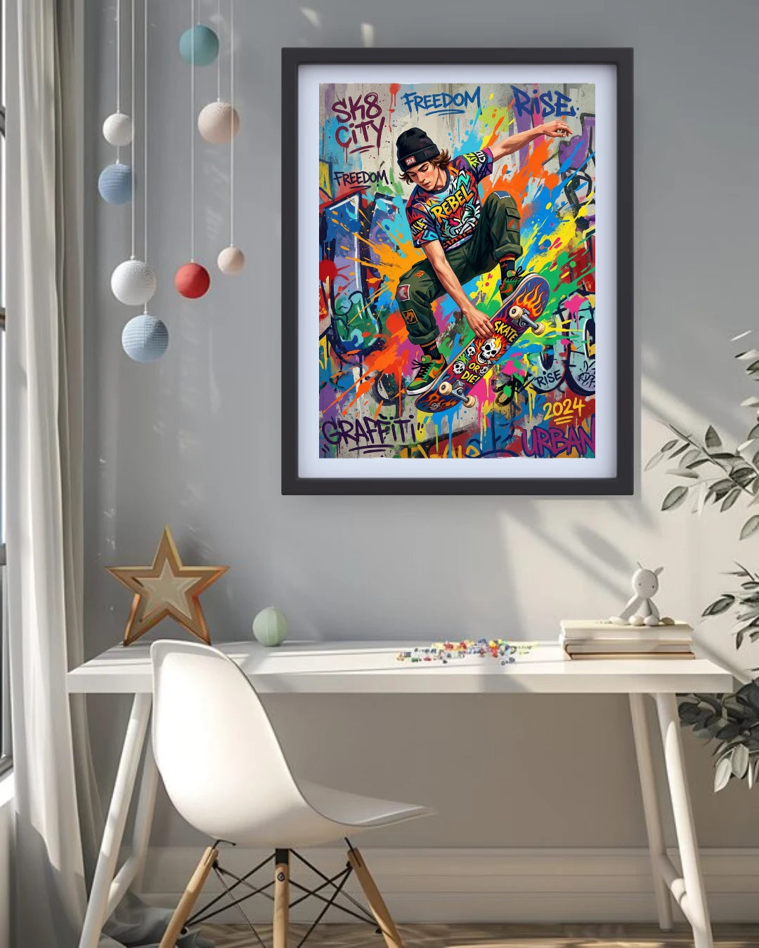 Colorful framed poster of a skateboarder in an office setting with a desk and chair.