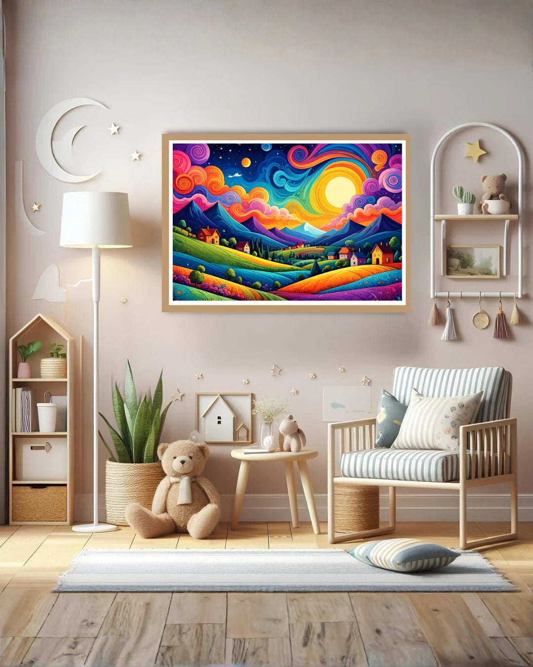 Abstract colorful landscape canvas wall art in modern interior