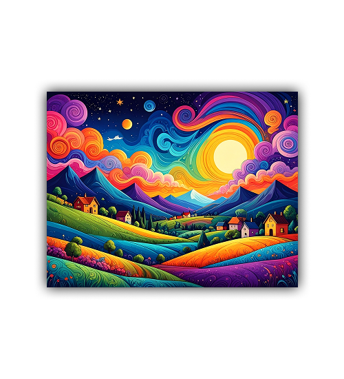 Colorful landscape painting with houses and mountains on a white background