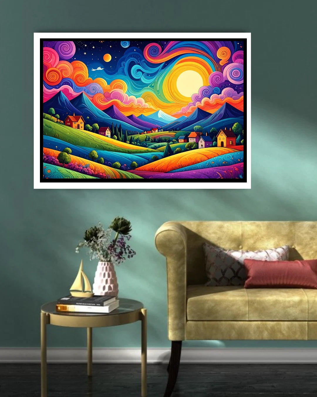 Colorful abstract landscape painting on a wall above a sofa and side table.