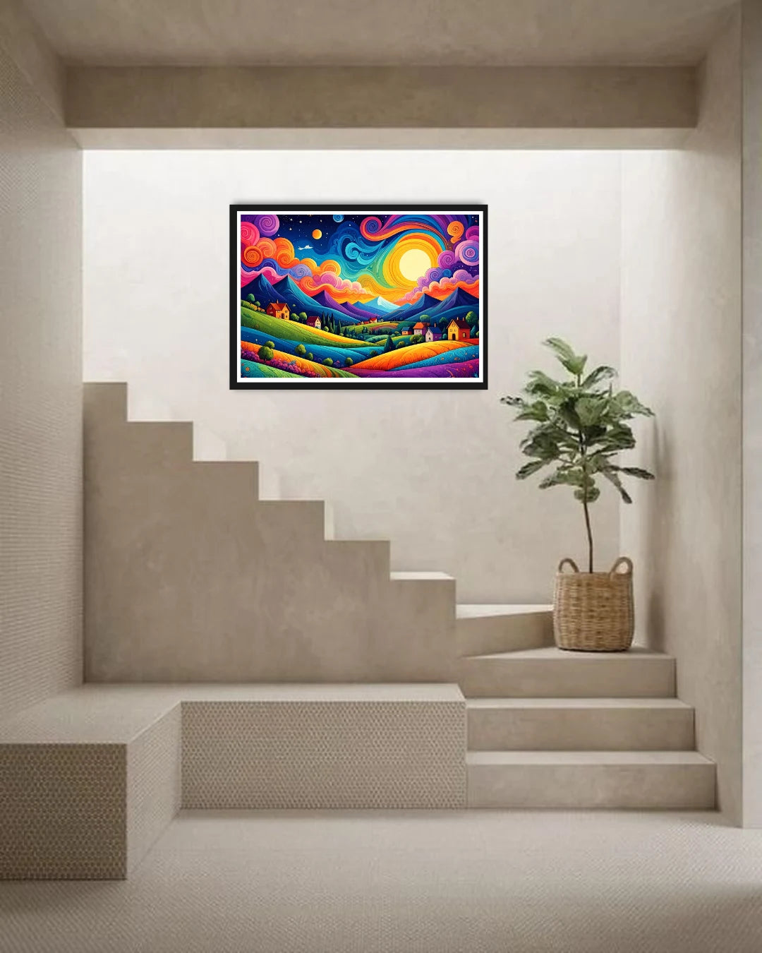 Colorful abstract painting on a wall above a staircase with a plant beside it.