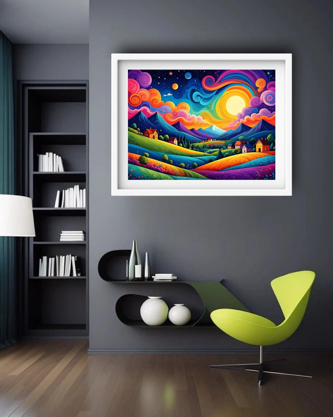 Colorful abstract painting on a dark wall with a modern chair and shelves below.