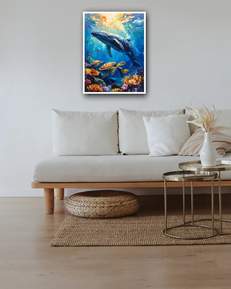 Living room with a sofa, coffee table, and a colorful underwater scene painting on the wall.