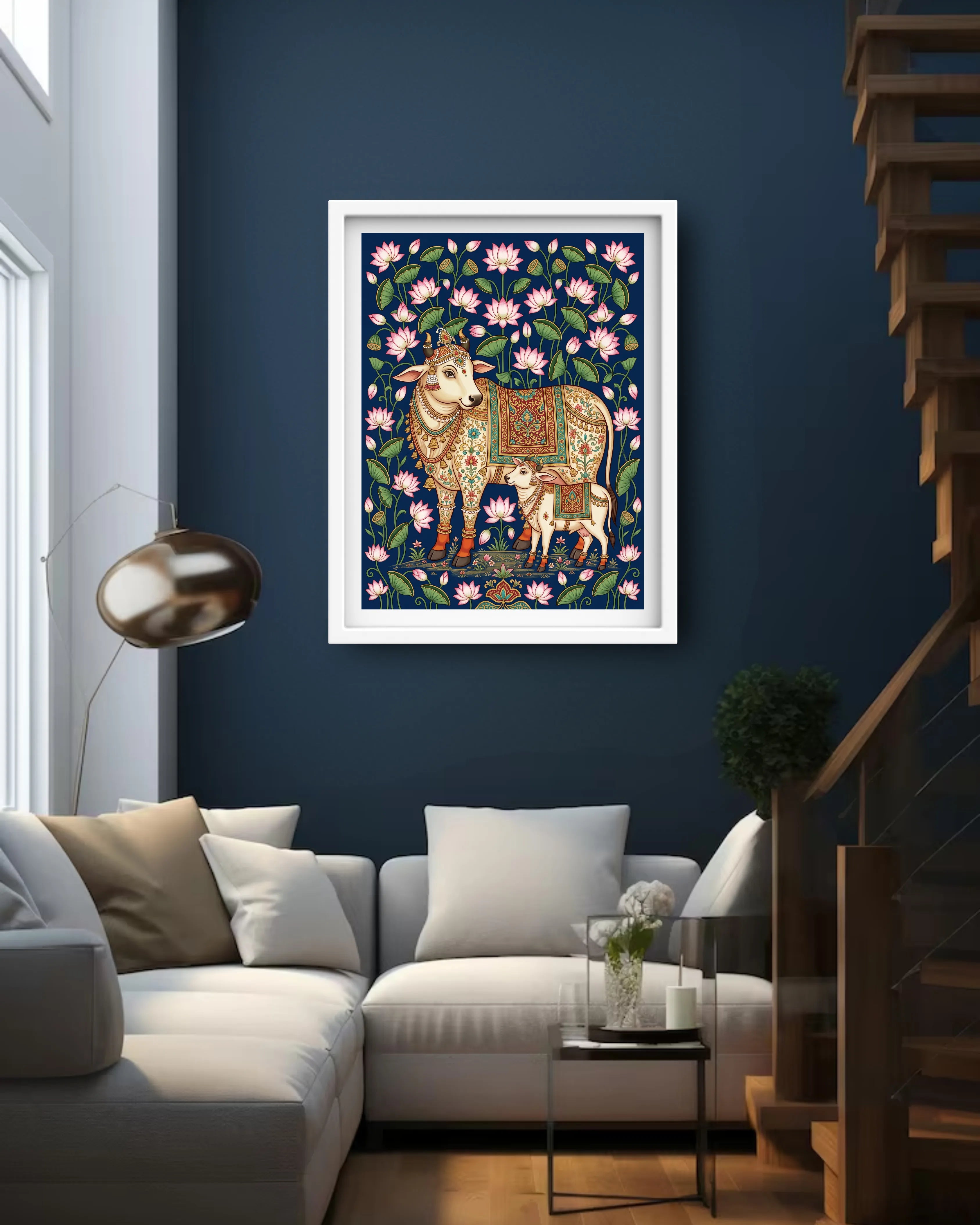 cow and calf wall painting placed in bedroom with aesthetic interior
