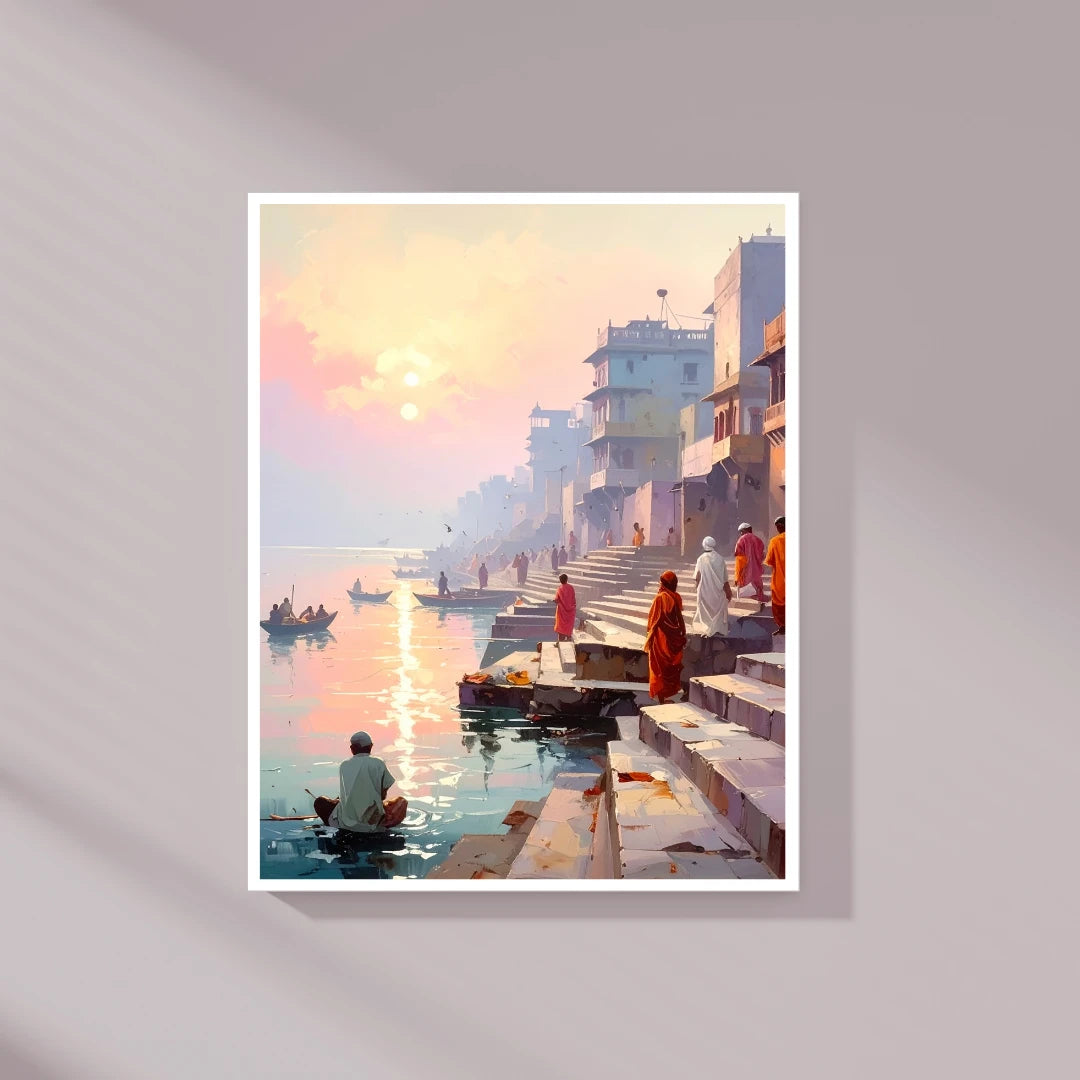 Traditional Indian riverside canvas painting