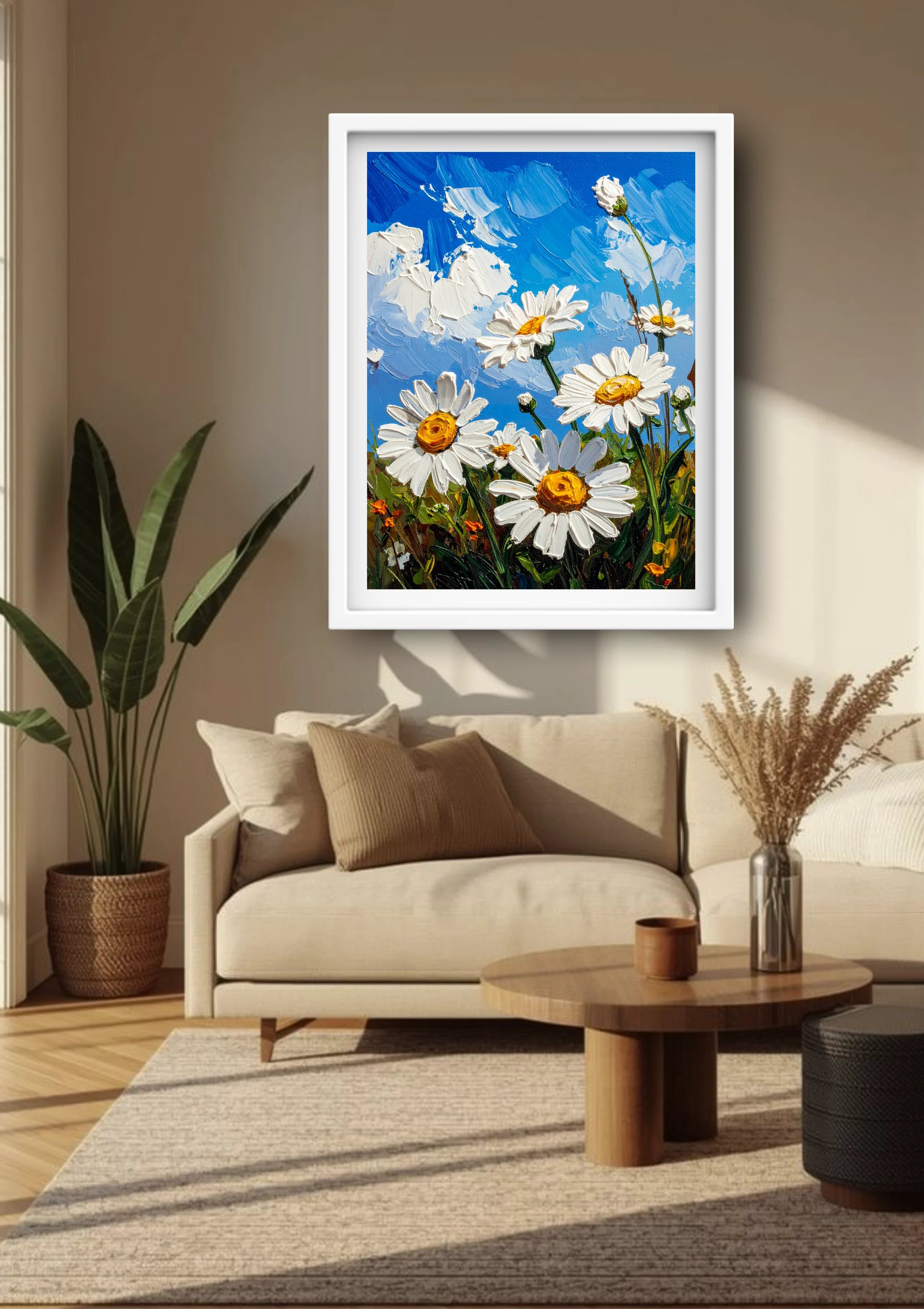 Cozy room decorated with daisy floral wall art canvas above sofa