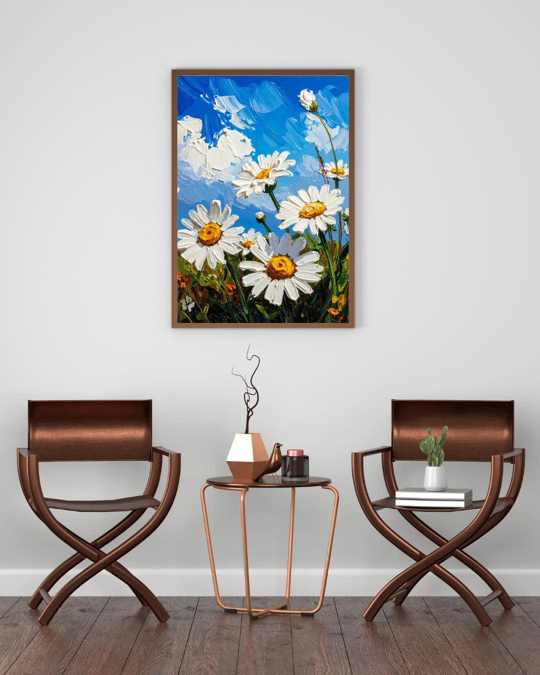 Daisy floral wall art canvas displayed above two chairs in a modern living room interior