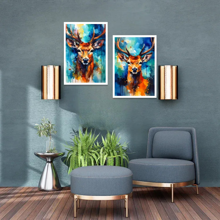 Modern living room with gray armchair, ottoman, and wall art of deer
