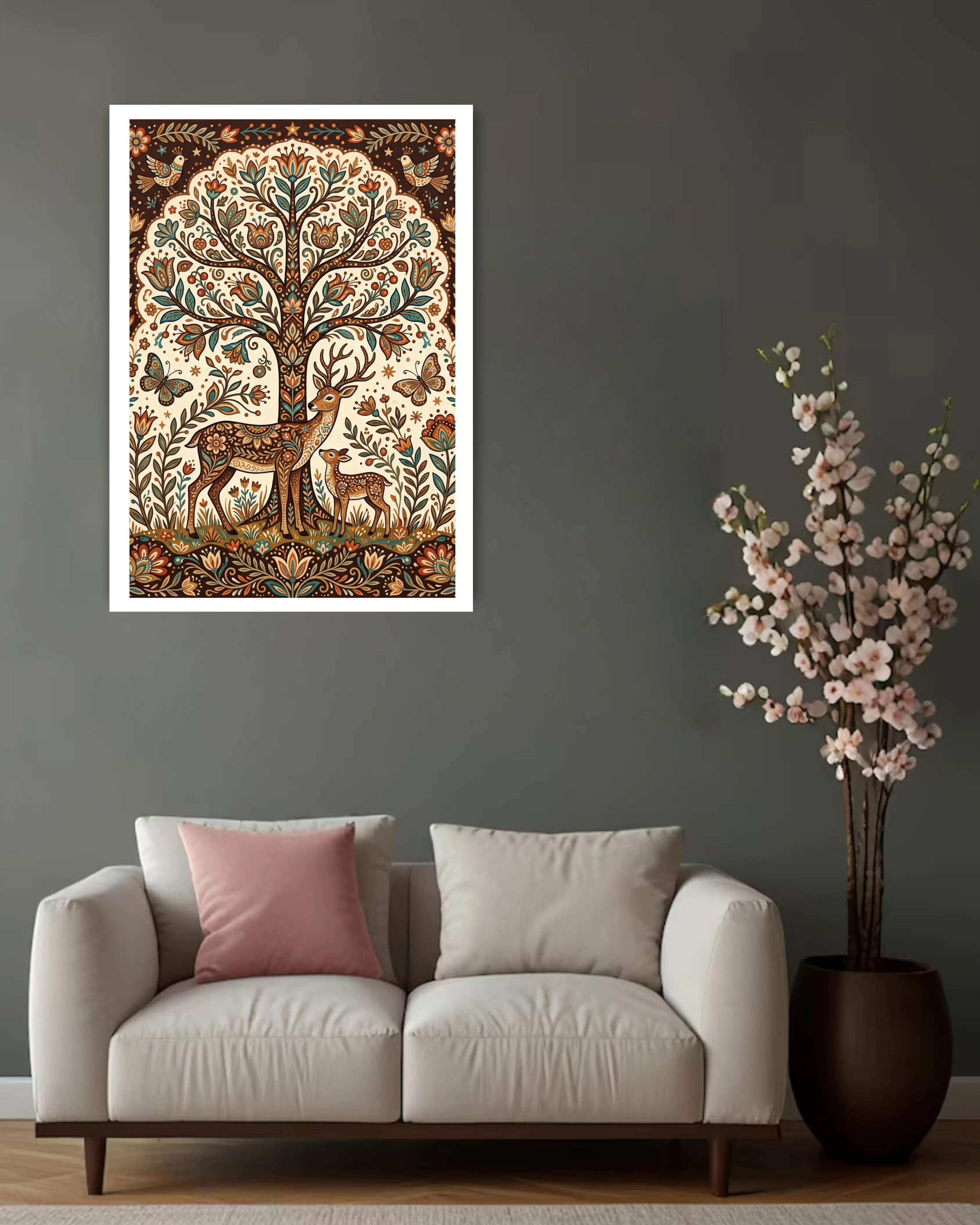 deer and tree of life painting displayed in cozy living room interior