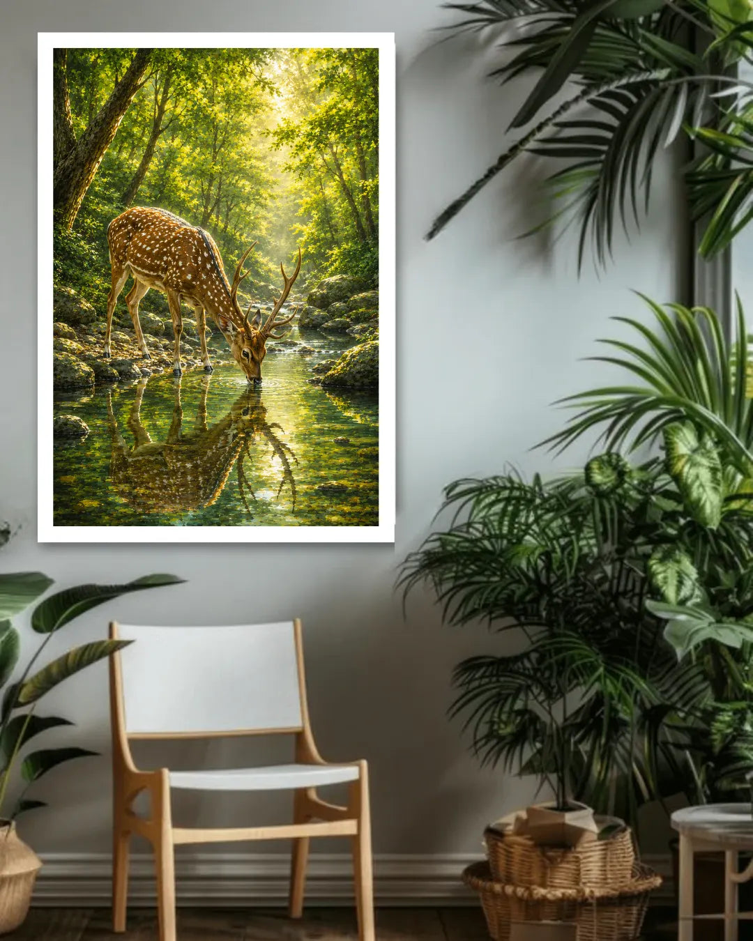 Framed artwork of a deer in a forest scene hanging on a wall with plants around.