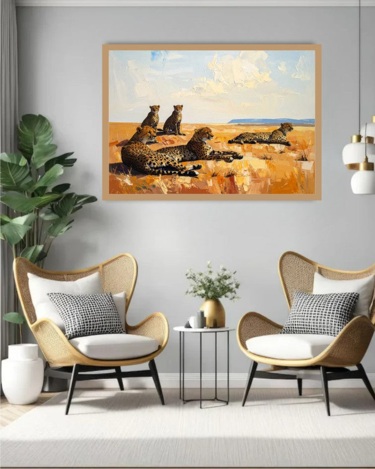Desert landscape canvas wall art with camels in a modern living room featuring elegant chairs and minimalist décor.